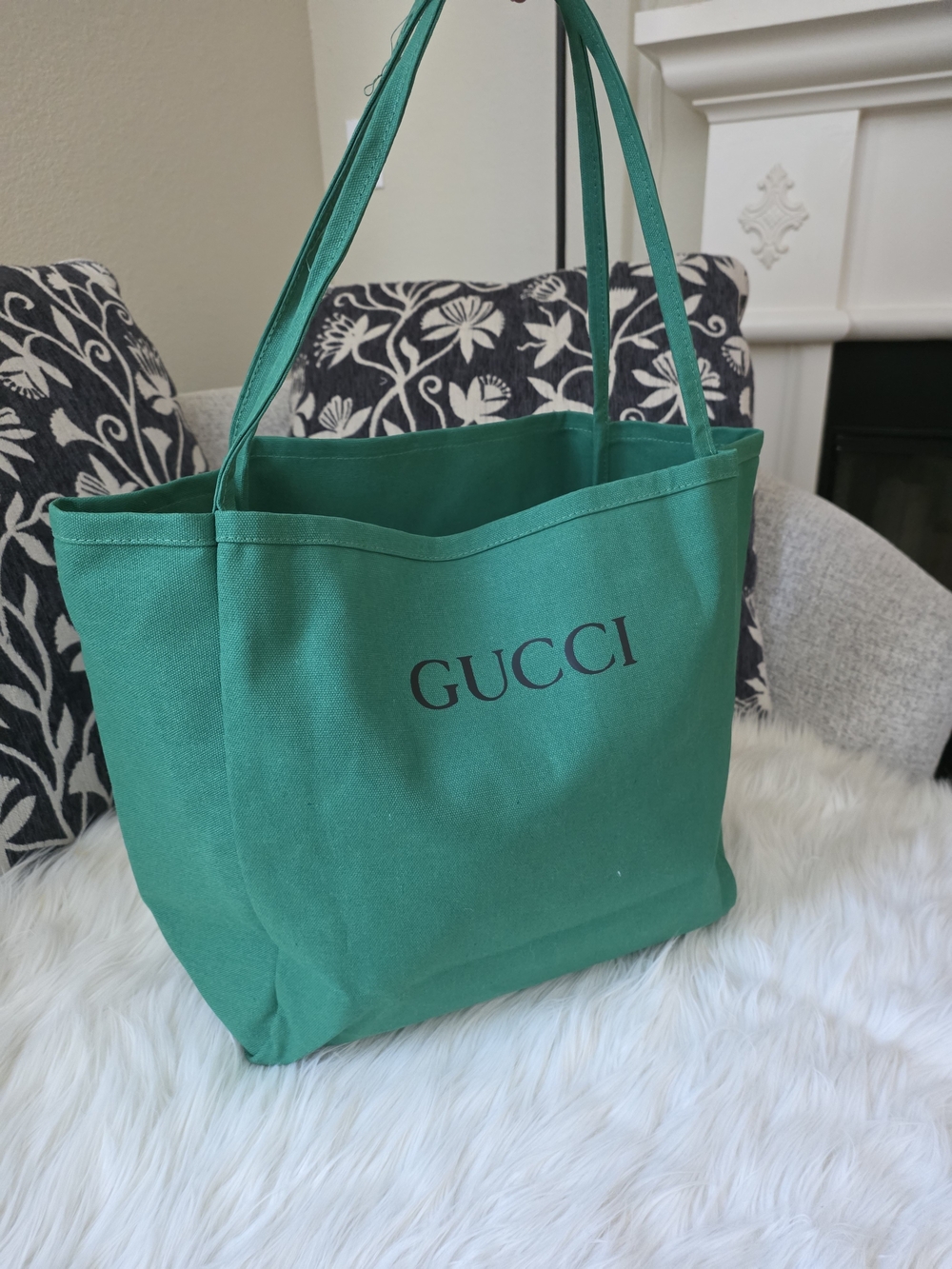 Green Canvas Tote Bag With Black Print - Picture 2 of 8